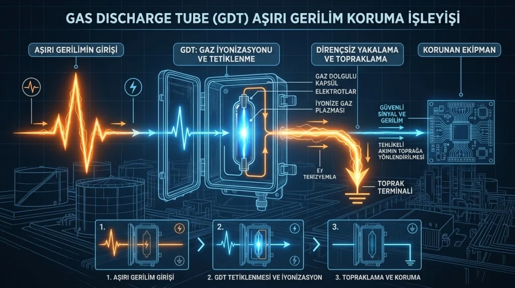 Anten koaksiyel hattı üzerinden gelen ani yüksek gerilim dalgasını toprağa ileten dâhili gaz deşarj tüpü GDT koruma şeması yıldırım koruması