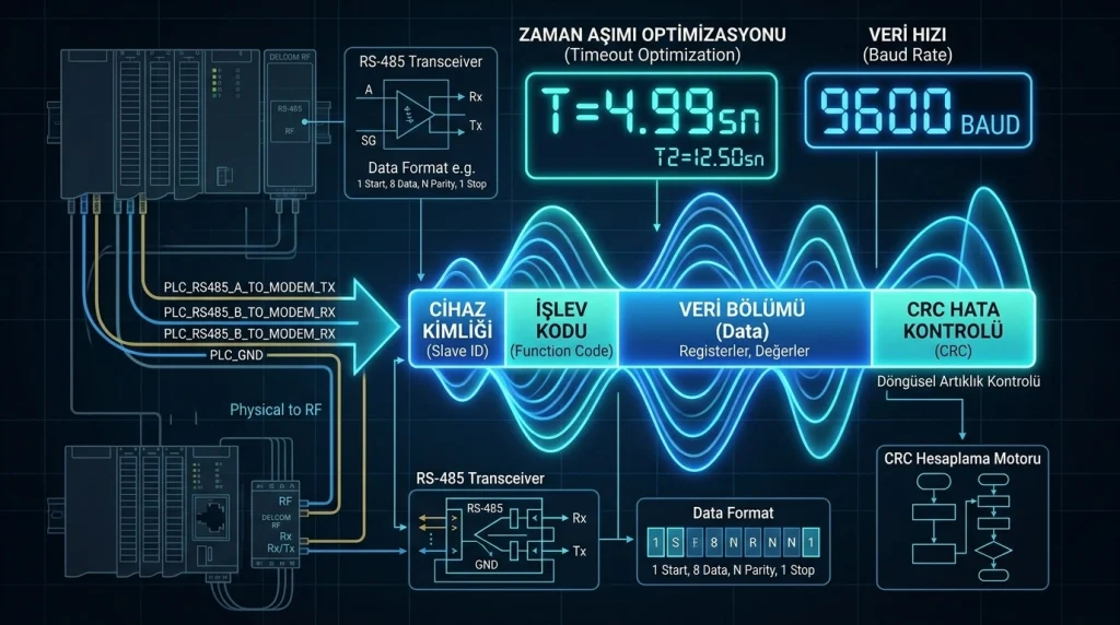 Kablosuz RF ortamında Modbus RTU paket yapısını, veri iletim hızını ve timeout zaman aşımı gecikmesini gösteren teknik şema